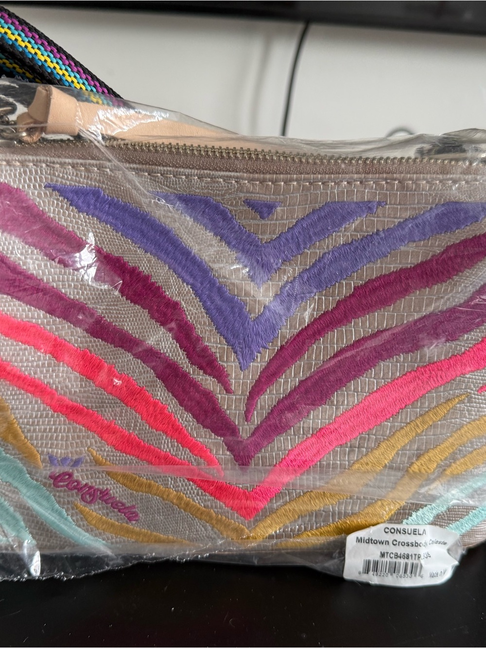 Consuela Crossbody Bag in Beige with Purple, Pink, Gold & Teal Embroidery NWT